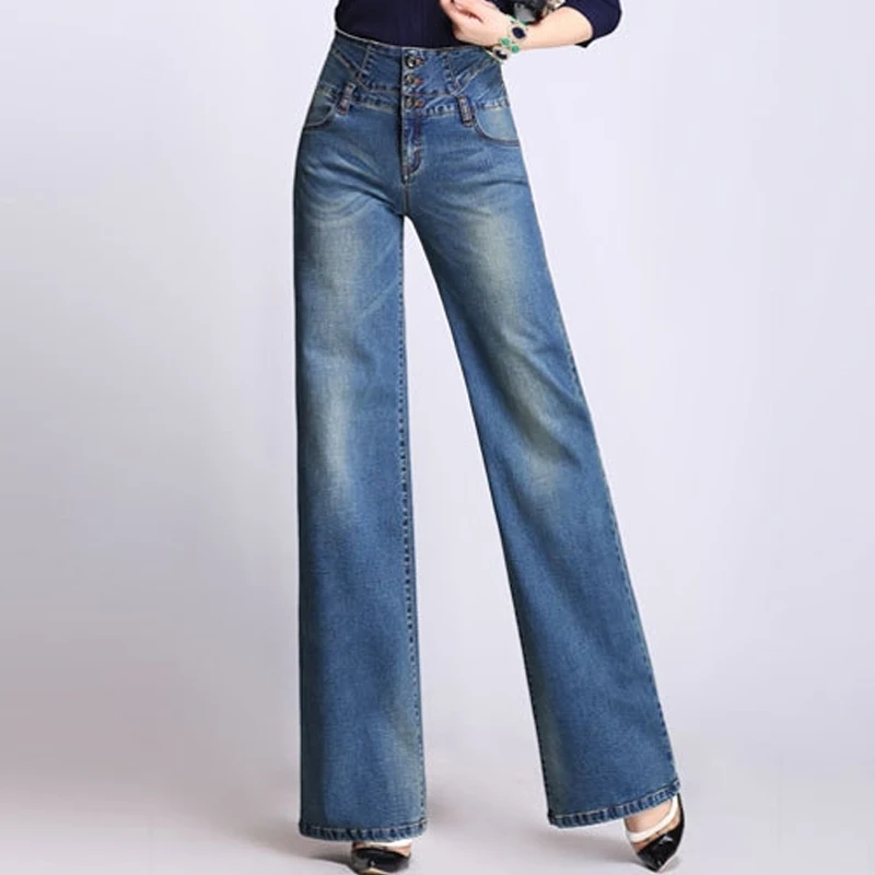 Spring Fall Womens Vintage Wide Leg High Waisted Blue