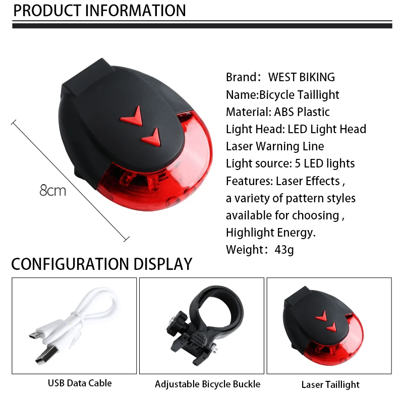 Top Biking Bike Light Laser Taillight IPX4 Waterproof 5 LED USB Rechargable 7 Modes Night Warning MTB Bike Lamp Backlight Taillight 3