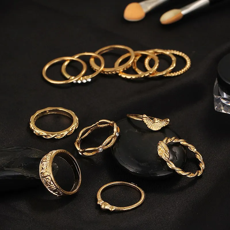 

Vintage Gold Color Rings Bohemian Style Rhinestone Lucky Fashion Rings Set 12pcs/Pack