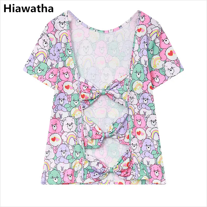Hiawatha женская футболка Летняя Открытая открытая футболка с бантом Harajuku с принтом медведя топы с короткими рукавами Feminina Blusa T3201