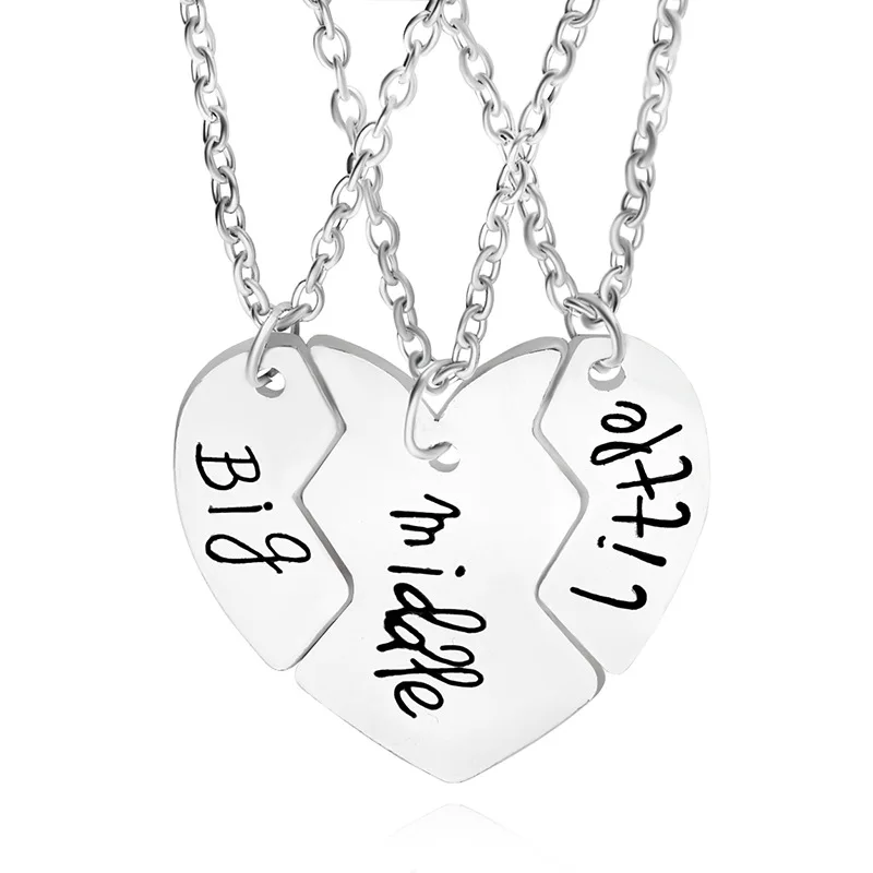 3 Parts Broken Heart Pendant Necklaces Big Middle Letter Carved Brother