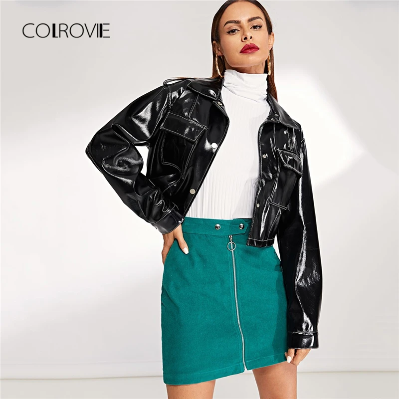 

COLROVIE Black Solid Pocket Button Vintage Crop Leather Jacket Coat Womens Clothing 2018 Autumn Streetwear Ladies Outerwear
