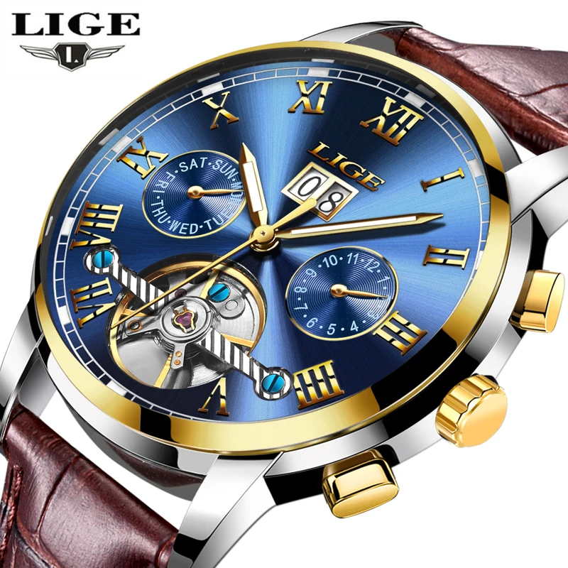 

LIGE Watches Men Sport Men's Mechanical Watches Fashion Business Automatic Watch Man Waterproof Leather relogio masculino +Box