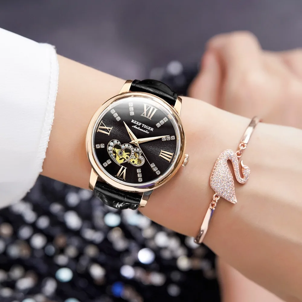 US $177.45 2021 New Reef TigerRT Luxury Fashion Lady Watches Black Dial Diamond Watch Genuine Leather Strap Montre Femme RGA1580