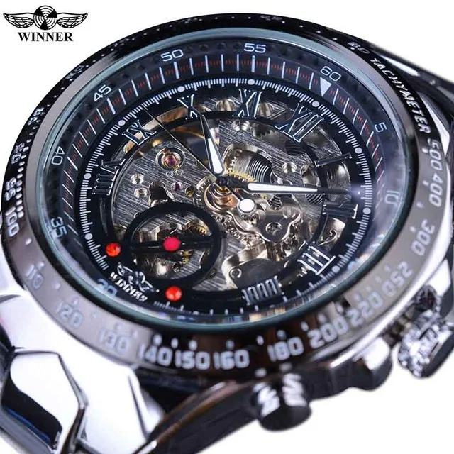 Top Brand Luxury Automatic Wristwatch Winner Classic Series Golden Movement Inside Silver Stainless Steel Mens Skeleton Watch - Цвет: black black