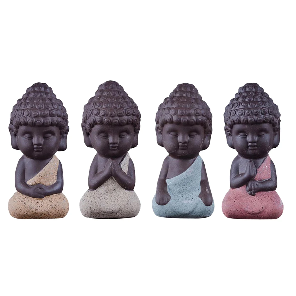 4 Pieces Traditional Little Statue Monk Tea Pet Decoration on Your KungFu Tray Meditation Accessories for Zen Garden Sand Decor