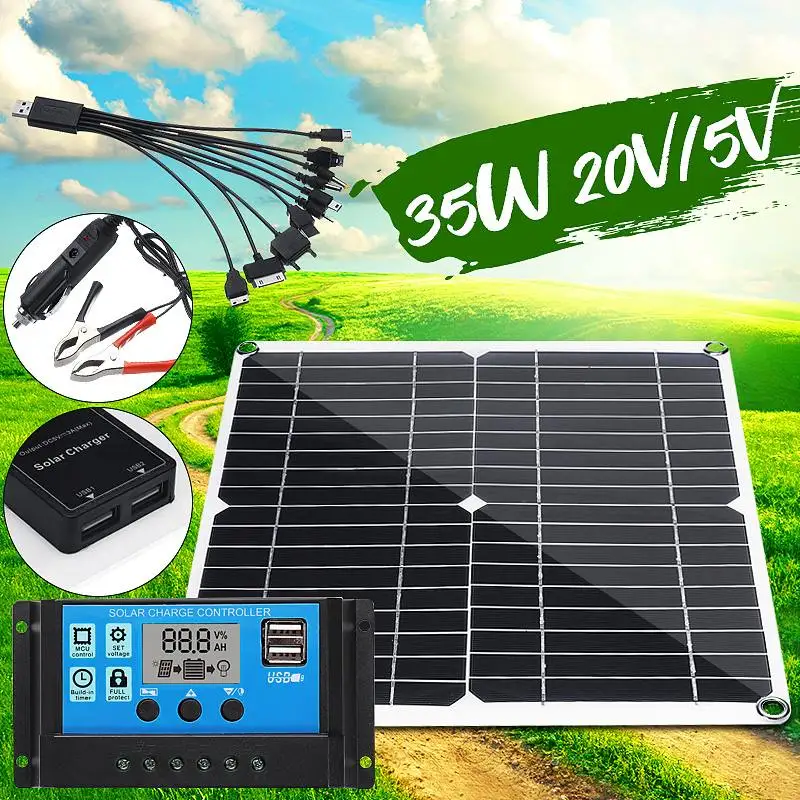35W Solar Panel 12V/5V 5 in1 Double USB Solar cell Monocrystalline with Car Charger for Outdoor Camping Emergency Light