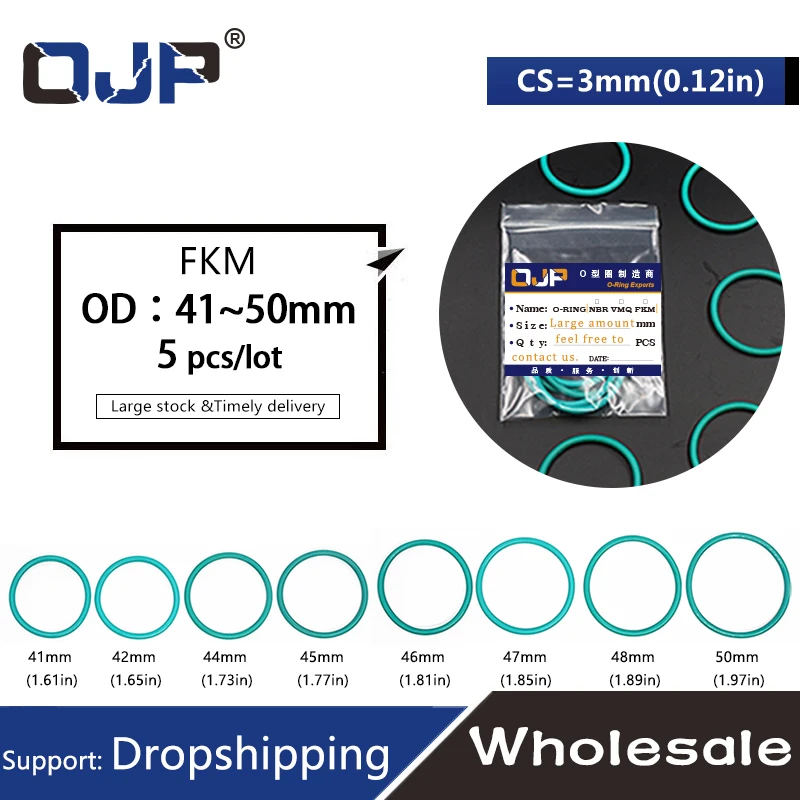 5 шт./лот фторкаучуковое кольцо зеленое FKM уплотнительное кольцо OD41/42/43/44/45/46/47/48/50*3 мм резиновое уплотнительное кольцо уплотнительные масляные прокладки, шайбы