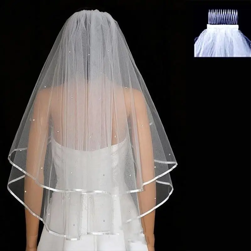 

Beautiful White 2 Layer Stock Short Satin Hem Wedding Bridal Veil With Comb