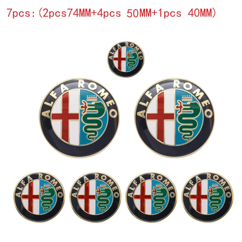 

7pcs Alfa Romeo CAR Logo 74mm Hood Trunk 50MM 40MM Wheel Center Cap Emblem Brera 147 156 166 159 GT Spider Giulietta Stelvio