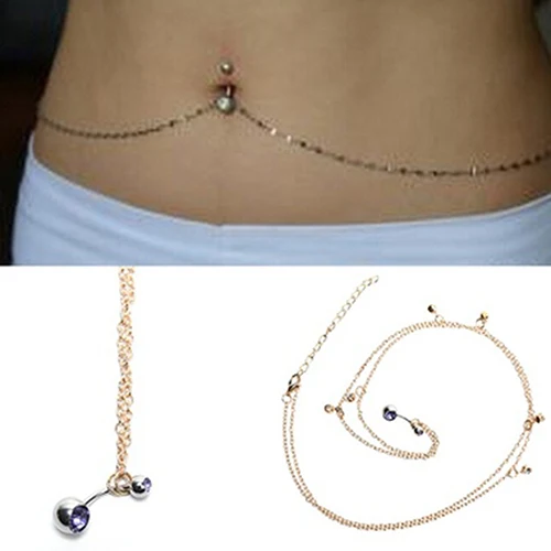 

Women's Rhinestone Navel Ring Belly Button Bar Waist Chain Body Piercing Jewelry