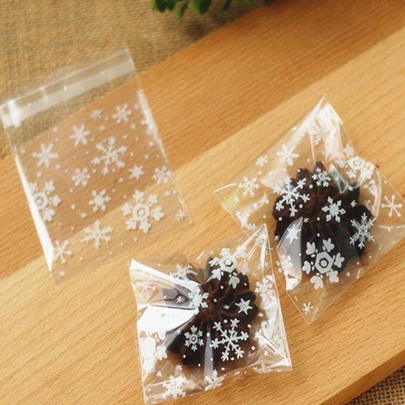 New Arrival 100Pcs/lot 10x10cm Clear Christmas Snowflake Cookie Bag Plastic Cellophane Self Adhesive Seal Bakery Gift Cello Bags | Дом и сад
