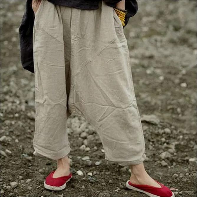Для женщин летнее платье, дизайн, хлопковые брюки без левый карман с заниженным шаговым швом свободные большие Размеры тонкие льняные брюки для девочек D104