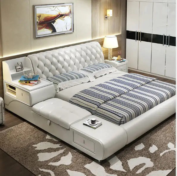 Постельная современная кровать из натуральной кожи/мягкая кровать/двуспальная кровать king/queen size мебель для спальни с ящиком для хранения и ящиками