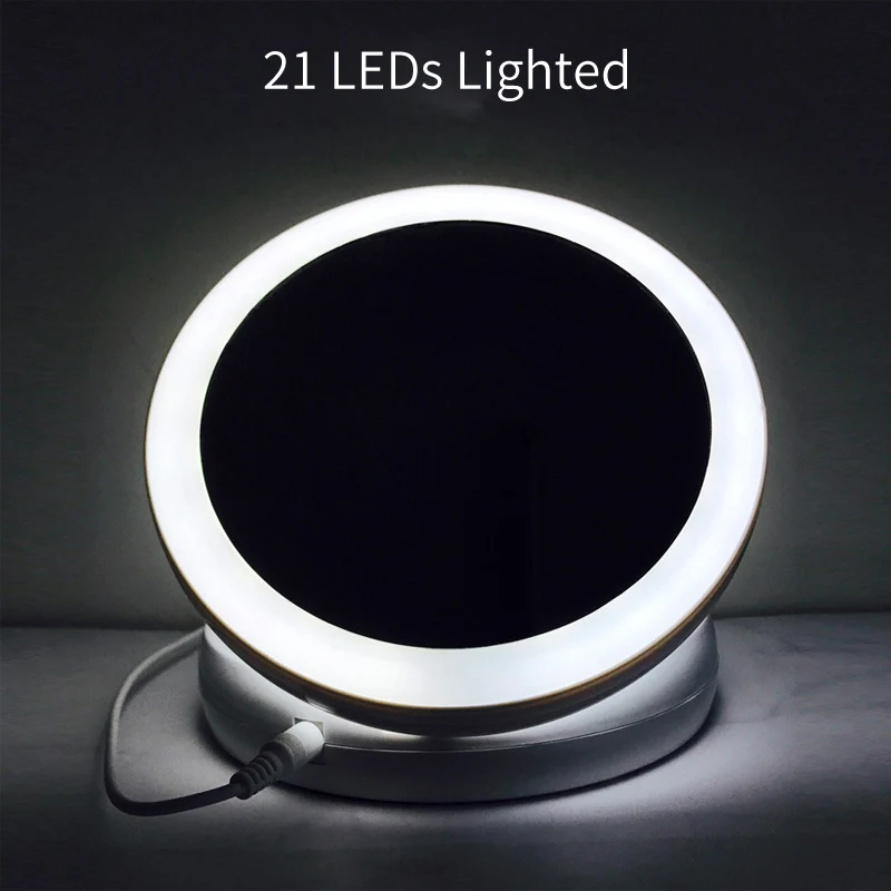 21 LEDs Lighted Folded 10X Magnifying Makeup Mirror USB  Desktop Double sided Cosmetic Touch-ups Luminous Folding Lamp Mirror (1)