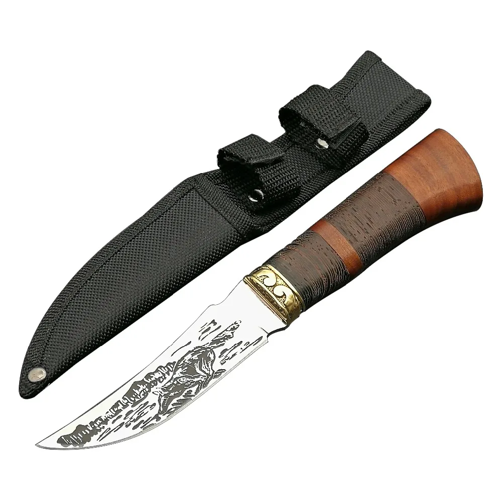 Дешевый Mengoing фиксированным лезвием ножи 5Cr13 Сталь Лезвие сращивания деревянной ручкой Охота выживания для шашлыков нейлон оболочка