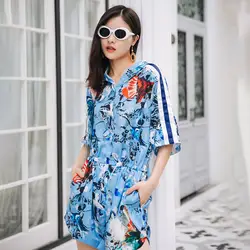 2018TREND-Setter 2018 Лето Повседневное Playsuit Для женщин с принтом синий комбинезон с капюшоном