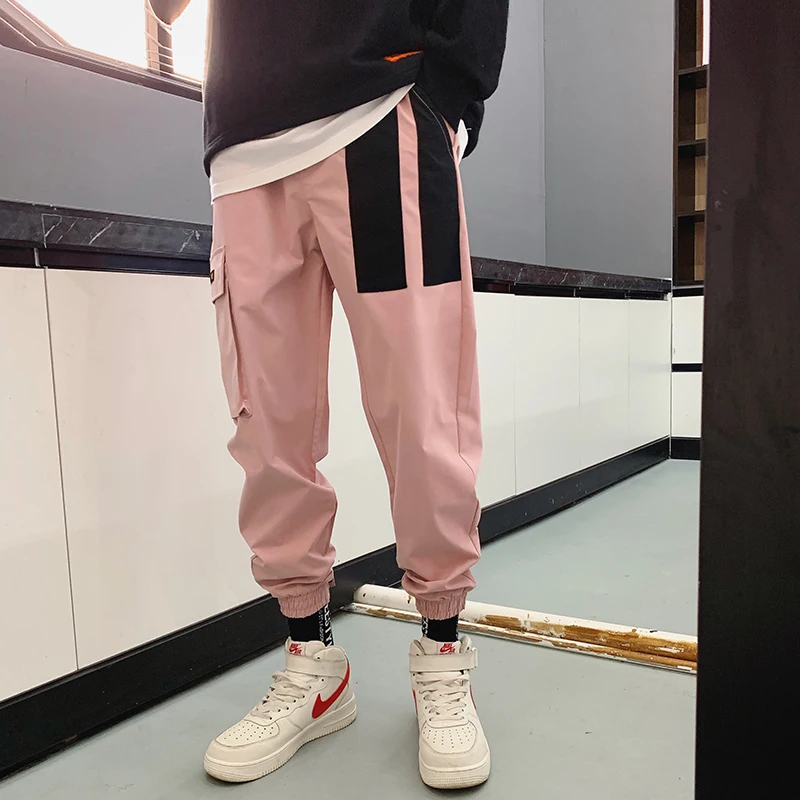 

Streetwear Men Cargo Pants Hit Color Patchwork Mens Pants Casual Pants Men Pink Beige Pantalones Hombres