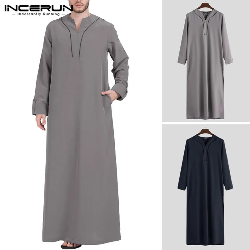 Men/'s Long Sleeve Saudi Jubba Dishdash Hooded Thobe Islamic Arab Kaftan Long Top