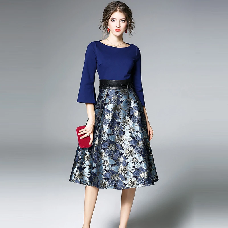 New 2018 European Style Blue Jacquard Dress Multicolor Floral Print ...