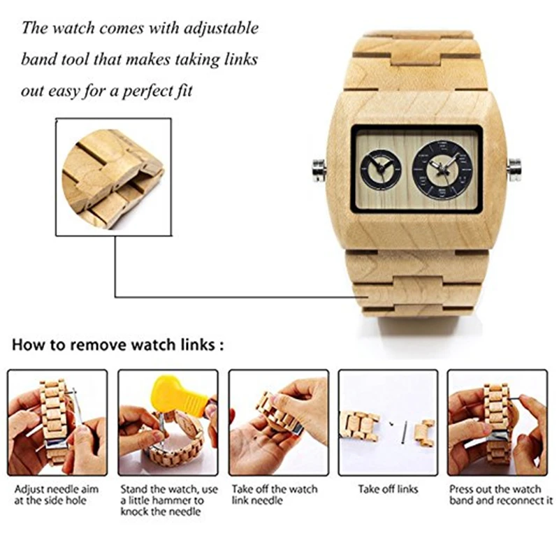 BEWELL Fashion Mens Wooden Watch Sub-dial Rectangle Dial Dual Time Zone Sport Quartz Wrist Watches 021C