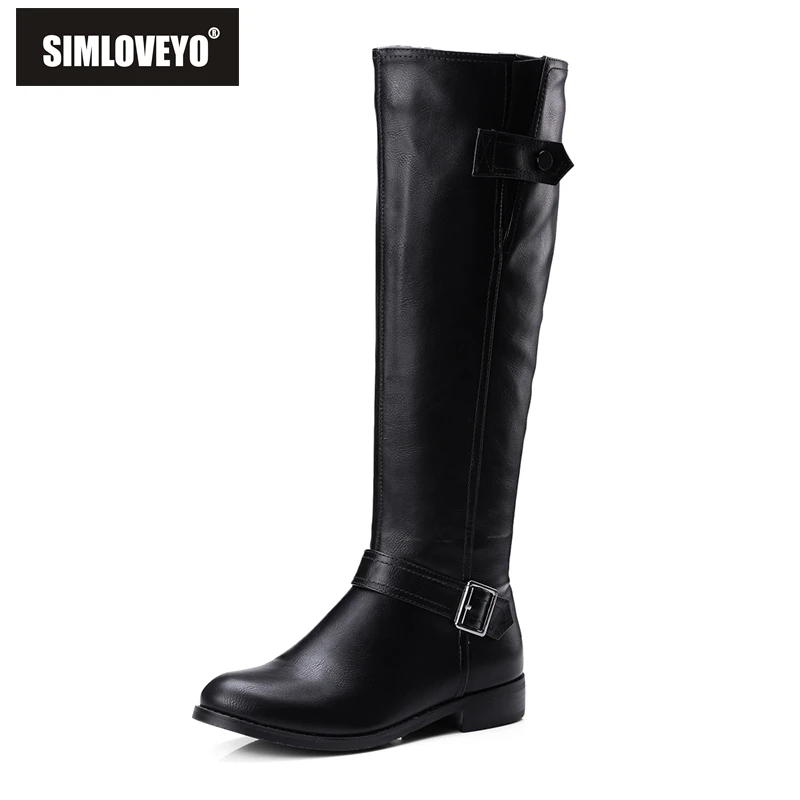 

SIMLOVEYO High Quality Pu Boots Women's Knee-High Boot Ladies Zipper Buckle Shoes Zapatillas Metal Slim Footwear B101