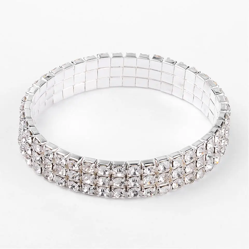24Strands Wedding Silver 3 Row Stretch Rhinestone Bracelets Fashion For