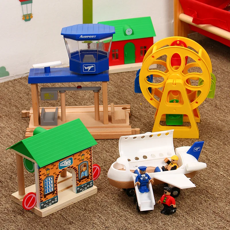 

Ferris Wheel Cargo Ship Air Plain Wooden Train Track Railway Accessories Educational Slot DIY Original Toy Gifts For Kids EDWONE