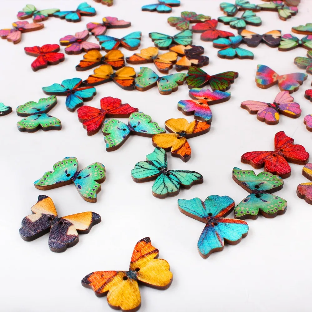 

50pcs/Lot Colorful 2 Holes Mixed Butterfly Wooden Buttons Sewing Scrapbooking DIY XP0060