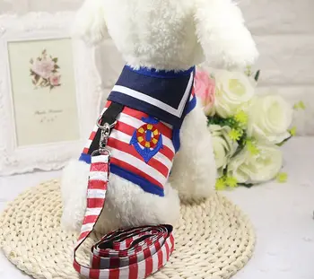 

FB64 Free shipping Soft Puppy Small Dog Vest Harness and Walking Leash Leads Set Stripe Sailor Costumes Pet Dog Leash for Teddy