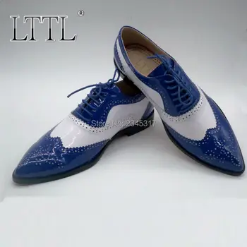 

LTTL Pointed Toe Men Dress Shoes Fashion Blue And White Mixed Colors Patent Leather Oxfords Men Full Brogue Lace-up Formal Shoes