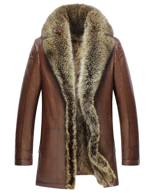 

New Man's Winter Cowhide Coat Real Raccoon Fur Collar Men's Genuine Leather Winter Jacket Full Raccoon Fur liner leather jackets