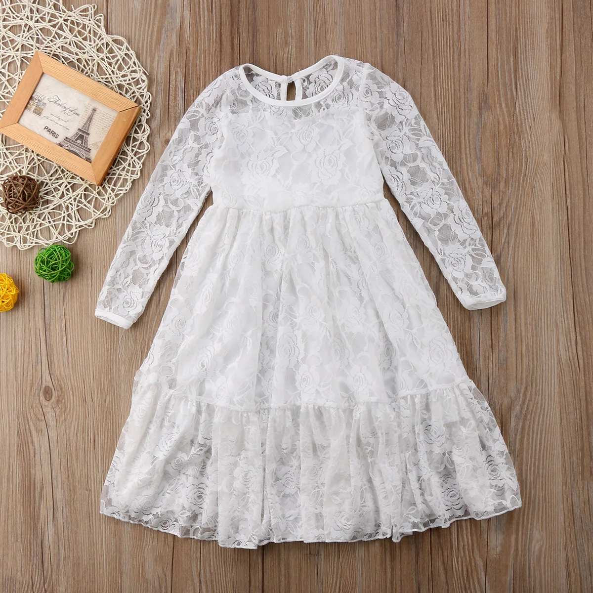Kids Baby Girls Autumn Floral Sweet Fairy White Formal Long Sleeves Party Lace Wedding Princess Gown Pageant Flower Girls Dress - Цвет: Белый