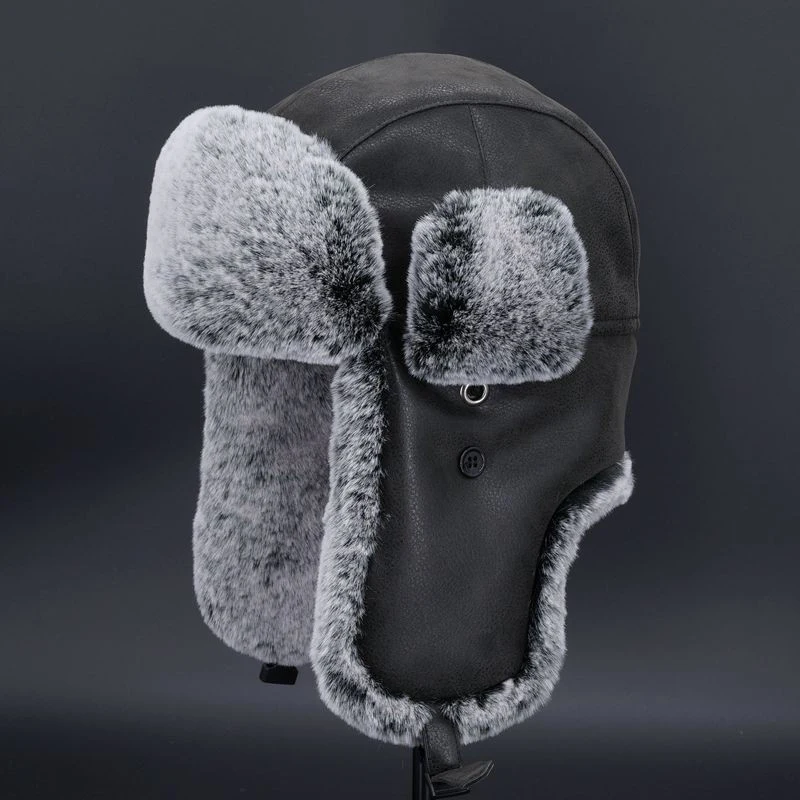 

Men Women Winter Bomber Hats Thick PU Ear Caps Adult Unisex Skiing Cap Faux Fur Soft Cozy Outdoor Earflap Hats Russian Fashion