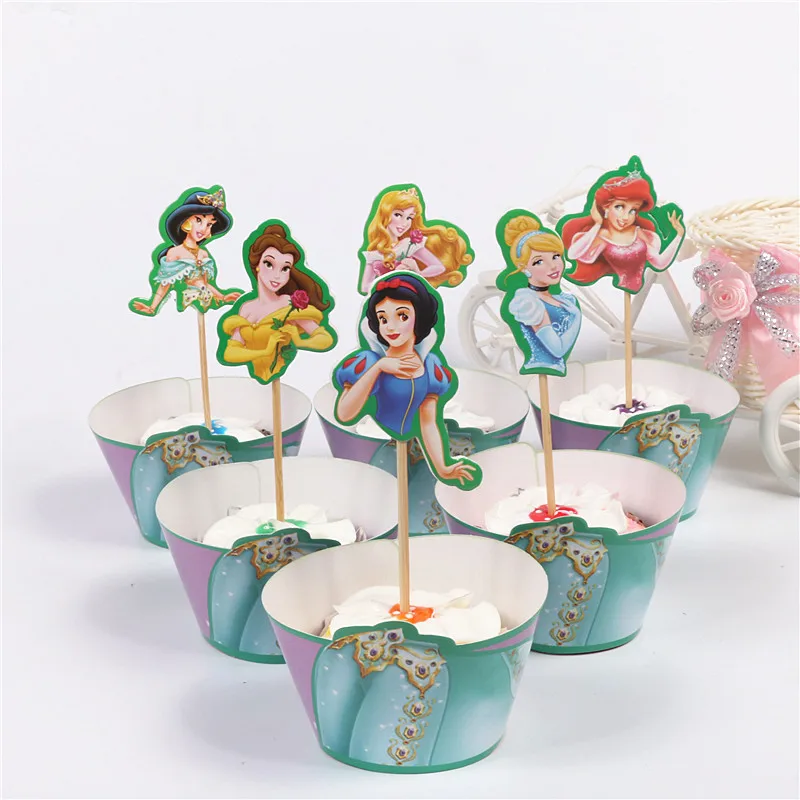 

24pcs/lot Baby Shower Party Girls Favors Cupcake Toppers Princesses Theme Decorations Cake Bake Paper Wrappers Birthday Supplies