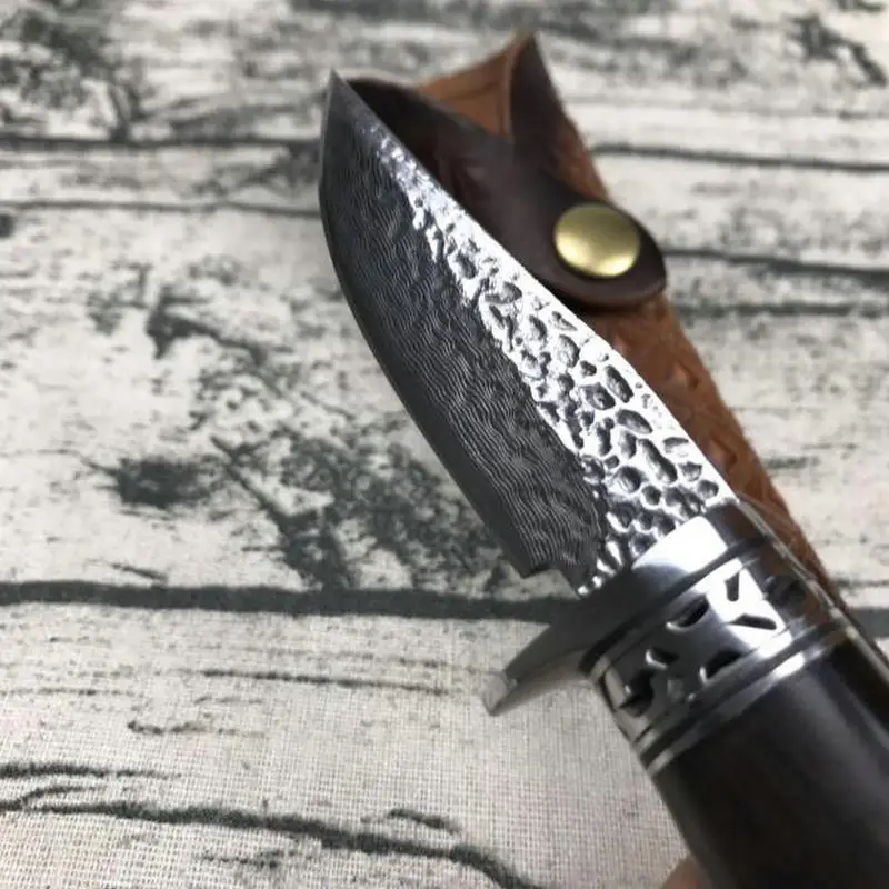 TRSKT Damascus Hunting Knife Survival Camping Knives , 60Hrc Steel + Ebony Handle Rescue Outdoor knife with Leather sheath