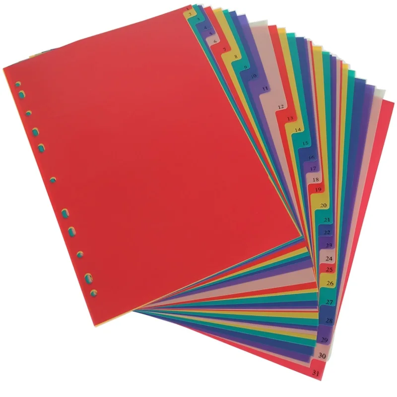 Arquivos de Arquivos Índice de Cor Material de Escritório Páginas Coloridas Binder Index Divisor 11 Buracos a4 31 pp