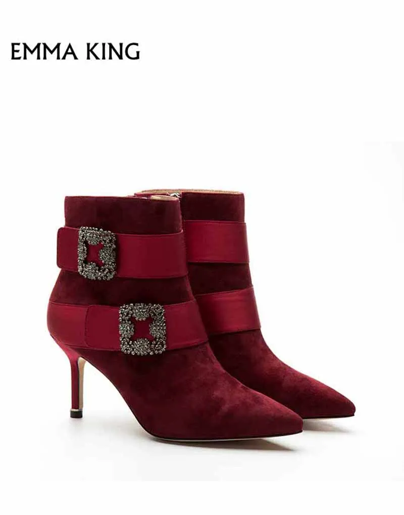 

New Winter Woman Boots short shoes female sheep face snowflake square buckle crystal buckle pointed high-heeled ankle boots