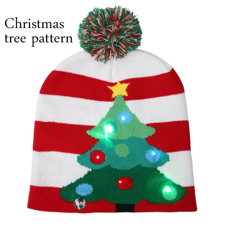 Светодиодный вязаная шапка "Счастливого Рождества" дети взрослые дерево снежинка Шапочка-бини с мультяшным рисунком тёплая шапка Новогоднее Рождественское украшение