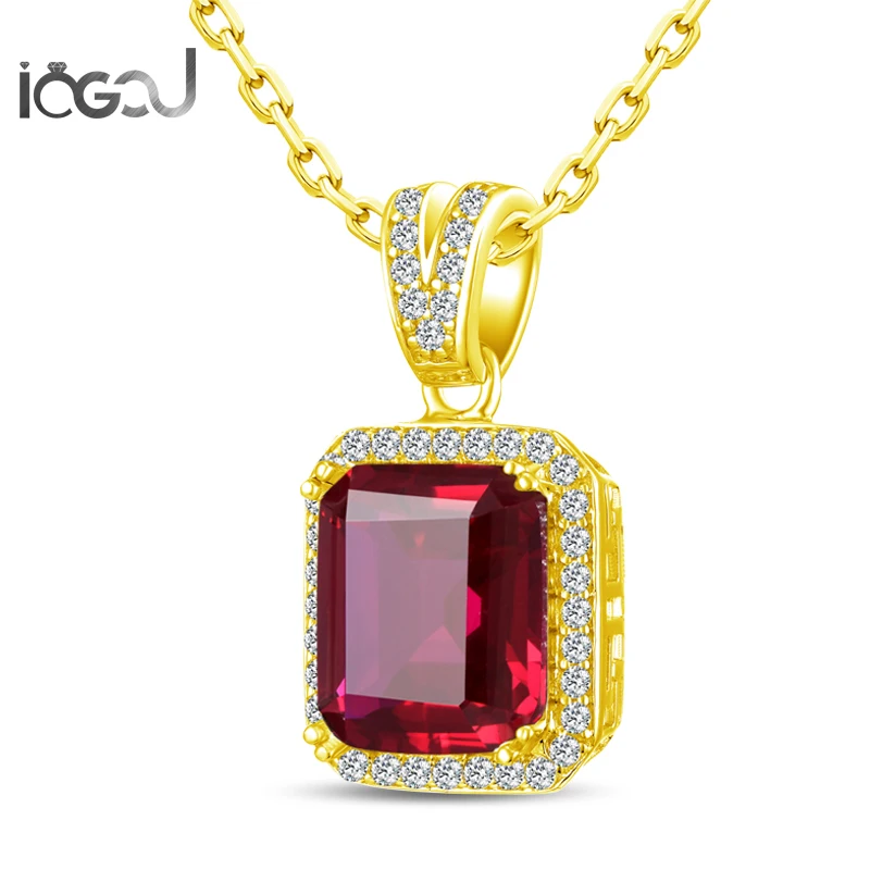 

IOGOU 925 Sterling Silver Rectangle Yellow Gold Color Pendants Men Wedding Red Stone Hip Hop Precious Party Male Jewelry Gifts
