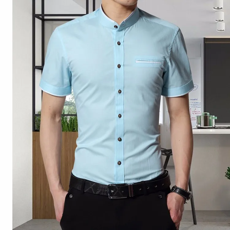 2018 Новый Для мужчин рубашки бренда воротник-стойка Slim Fit Для мужчин s Chemise Homme Повседневное Лето Бизнес рубашка в горошек короткий рукав