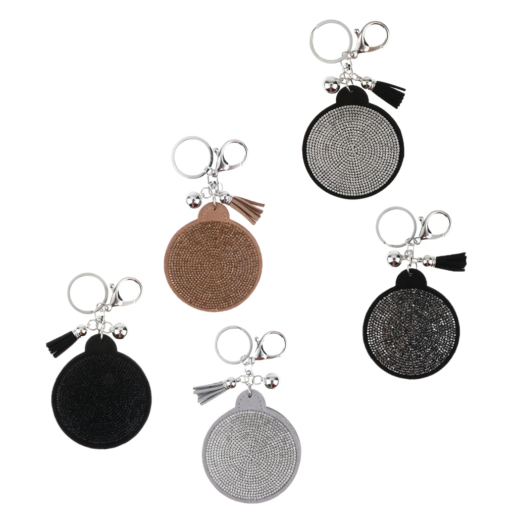 Woman Charm Key Chain Shape Round Crystal Keychain Tassel Mirror Grey