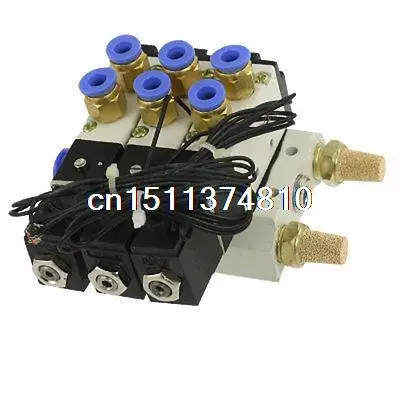 

AC 110V 2 Positions Triple Solenoid Valve Mufflers 6mm Quick Fittings Base Set