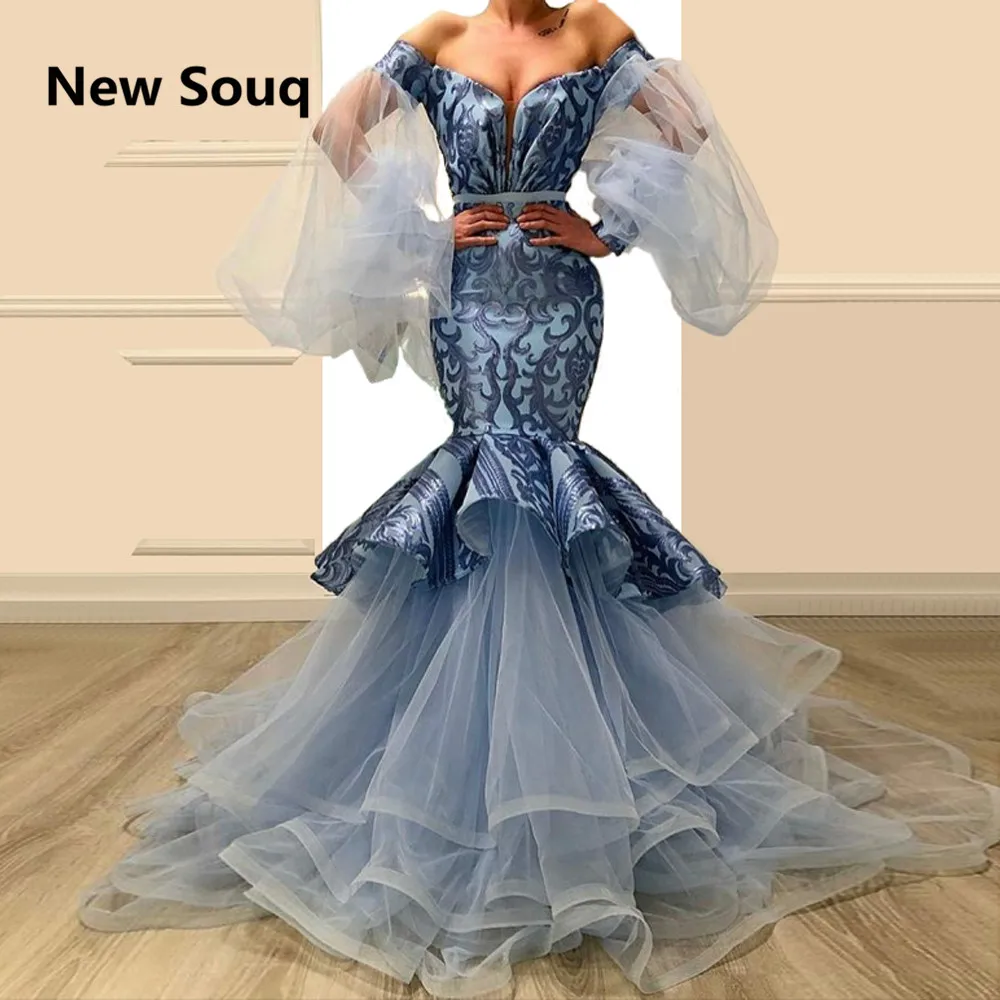 

Off Shoulder Long Sleeves Mermaid Prom Dresses Applique Lace Evening Dress Party Gown Formal Prom Dress