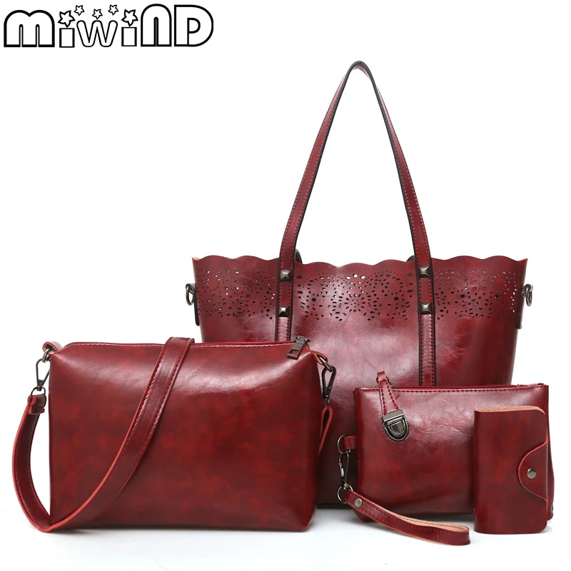 

MIWIND New Women Handbags High Quality Vintage Oil Wax Leather Shoulder Bags Fashion Hollow Out Female Composite Bag 4-Piece Set