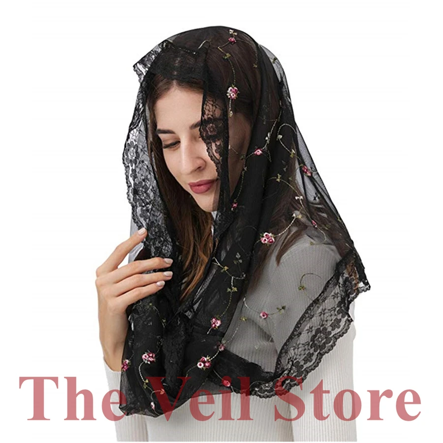 

Embroided Flowers Black WhiteLace Mantilla Chapel Veil for Church HeadCover Wrap Latin Mass Mantilla de Novia Negra Scarf Head
