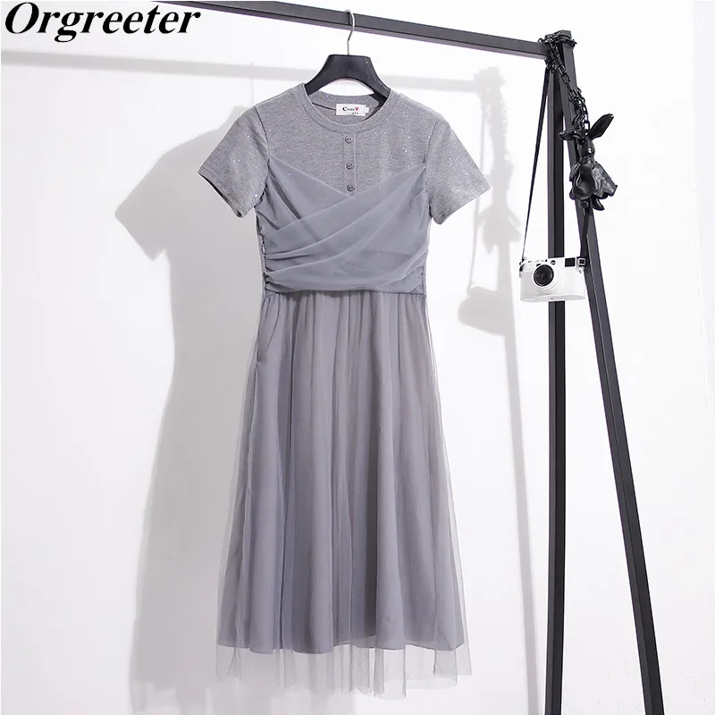 

2019 Summer Autumn New Europe Fashion Cross Mesh Patchwork Sequins Tshirt Dress Loose Women Dress