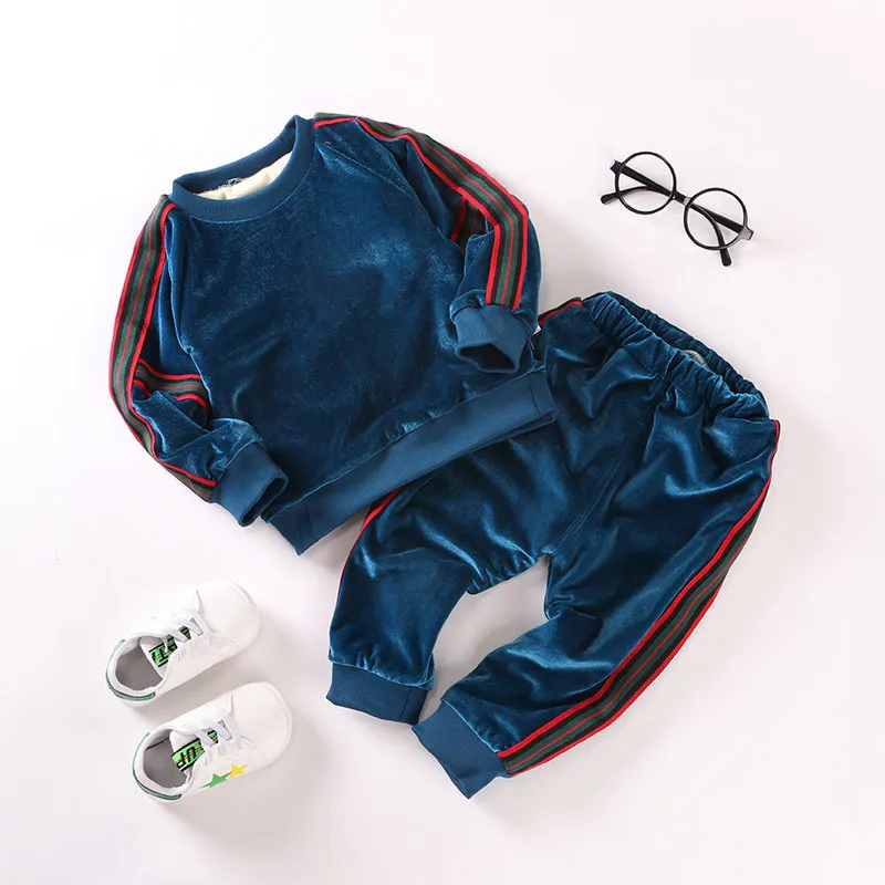 Комплекты одежды для маленьких мальчиков, зимний теплый спортивный костюм для девочек, модные Бархатные Теплые Топы+ штаны, детский спортивный костюм из 2 предметов для 1-4 лет - Цвет: blue1