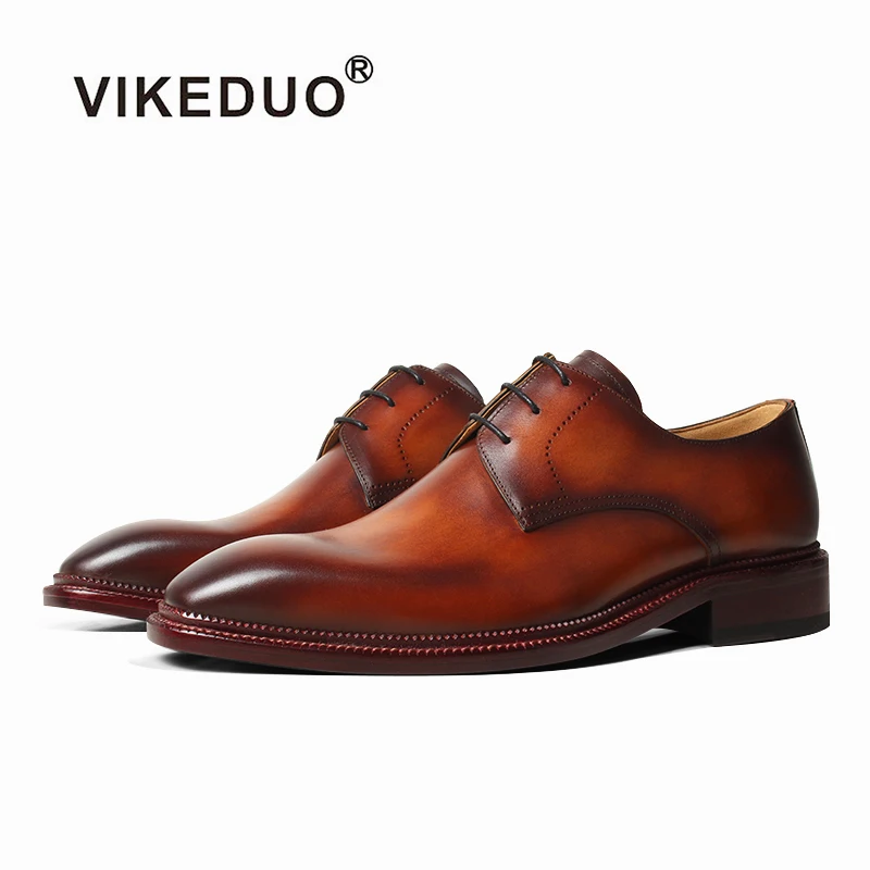 

VIKEDUO Luxury Brand Derby Dress Shoes Patina Brown Handmade Leather Men's Shoes Wedding Office Business Formal Shoes Zapatos