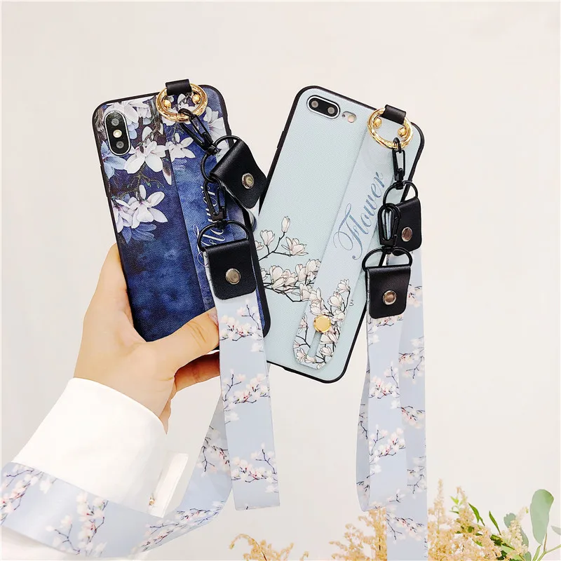 LUXURY Case Skin FOR APPLE IPHONE X 7 8 PLUS 6 6S FLOWERS CASES SOFT TPU COVERS WITH WRISTBAND KICKSTAND FUNDA CAPA COQUE | Мобильные